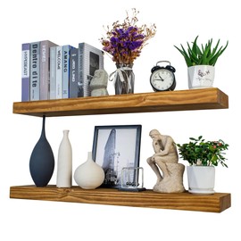 XWNE Rustic Floating Shelves 36 inch Long 8 inch deep Set of 2, Solid Wood Wall Shelves for Bedroom Living Room Kitchen,Book Shelf for Wall, Wall Mounted Shelves with Hidden Bracket- Gold Oak