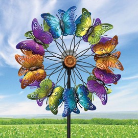 Bits and Pieces - LED Butterfly Solar Wind Spinner-Solar Powered Glass Ball Emits Color-Changing Light - Made of Metal and Steel
