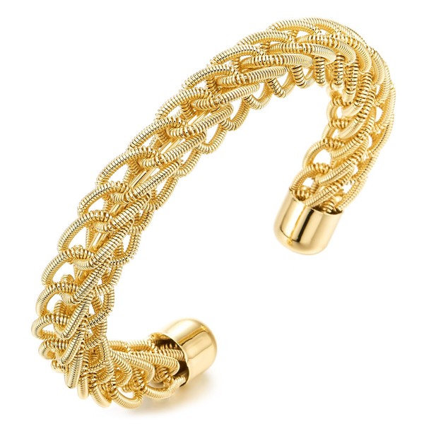 COOLSTEELANDBEYOND Cuff Bracelet Complicated Braided Chain Design, Gold Colour Bangle