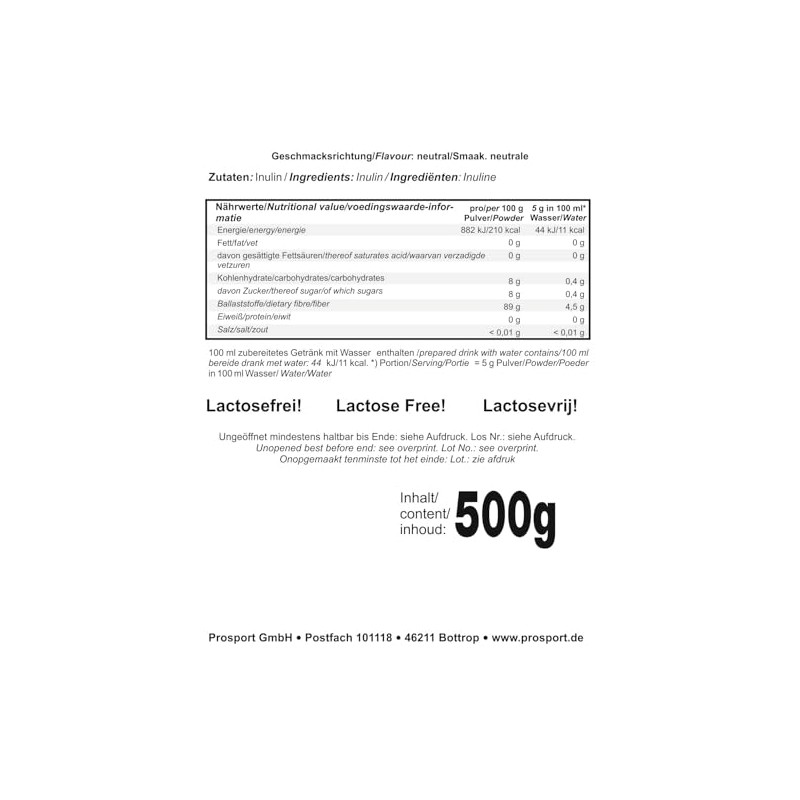 Prosport Inulin 500 g bag, fibre from chicory root