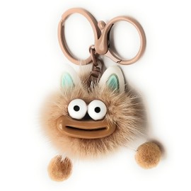 Cute Cartoon Mink Fur Keychain with Big Eyes, Fluffy Ears, and Smiling Mouth - Fun Bag Charm Accessory for Kids and Adults (Coffee)