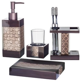 Creative Scents Dahlia Brown Bathroom Accessory Set Complete - Decorative 4 Piece Bathroom Sets Accessories Includes: Soap Dispenser, Toothbrush Holder, Tumbler and Soap Dish