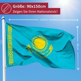 PHENO FLAGS Kazakhstan Flag 90 x 150 cm - Weatherproof Flag with Brass Eyelets, 100% Polyester, Robust Double Stitching and in Vivid Colours - Ideal for Flag Lovers
