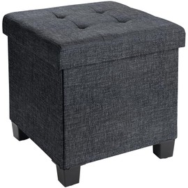 Ornavo Home 15 Inch Folding Storage Ottoman with Storage, Square Cube Linen Small Storage Ottoman Foot Rest Stool with Legs - Black