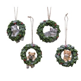 KAE Holly Wreath Open Design Pet Friends - Dogs and Cats - Christmas Tree Resin Ornaments/Baubles - Red, Green, Brown, Grey - Set of 4-8 cm
