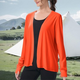 Women's Long Sleeve Sun Shirts Casual UPF 50+ Lightweight Open Front Cardigan with Pockets Soft Beach SPF Cover Ups(Orange,Large)