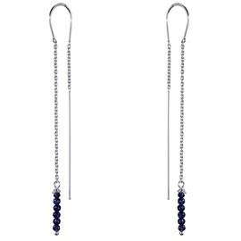 Materia SO-382 Women's Pull-Through Earrings 925 Silver Long Gemstones Black Blue Red with Gift Box, Sterling Silver