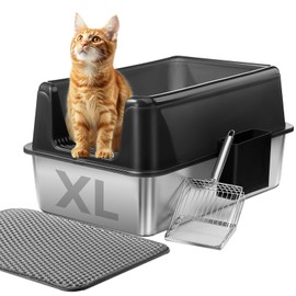 Marchul Stainless Steel Cat Litter Box with High Walls & Metal Scoop/Mat/Scoop Holder, XL Large for Multi-Cat Homes, Anti-Urine Leakage for Heavy Flow Cats