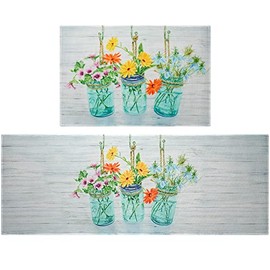 Xsinufn Floral Farmhouse Kitchen Rugs Set 2 Piece Colorful Spring/Summer Flowers Decorative Rugs for Kitchen Low-Profile Floor Mats Decorations for Home Kitchen (17"x48"+17"x24")