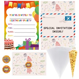 24 Pack Birthday Party Invitations, Folding Envelope Design Invitations 50Pcs Clear Cone Bags Set Double-Sided Print Invite Card with Stickers Kid Party Decoration Supplies