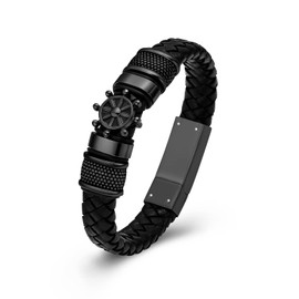 Hearbeingt Rudder Cremation Urn Bracelet for Ashes Braided Leather Compass Urn Bangle for Men Women Memorial Ashes Bracelet(Black 24cm)