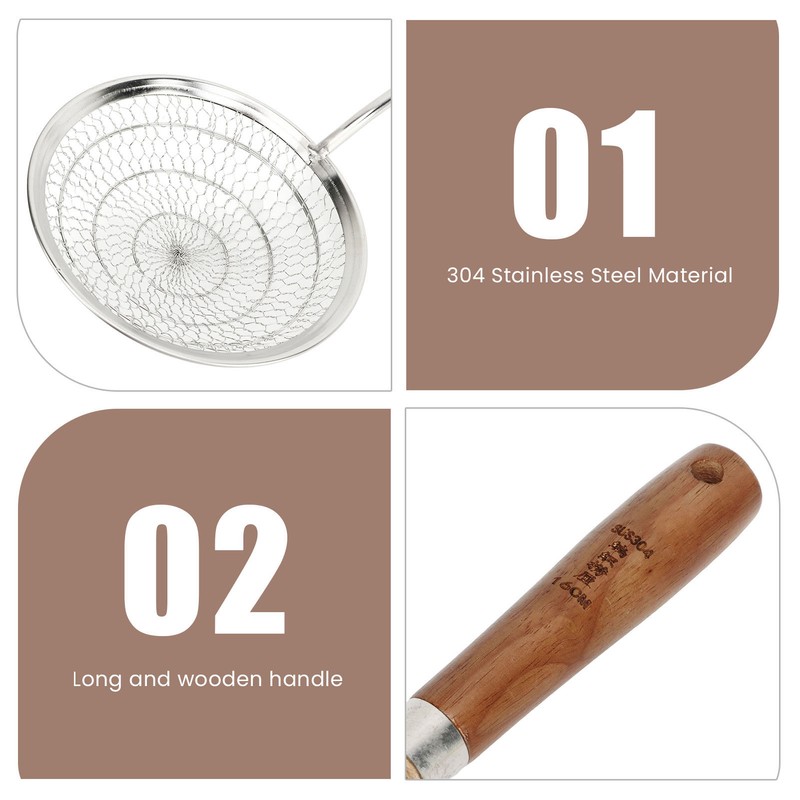 Strainer Spoon Long Wooden Handle 304 Stainless Steel Anti Scald