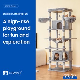 MWPO Cat Tree, 77.6in Extra Large w/ 2 Condos, Multi-Level Wide Perch, Scratching Posts, Hammocks, Dangling Toys, Light Grey, for Indoor Cats