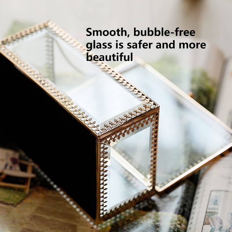 NAJMECHOY ガラスジュエリーボックス ミラーボトム クラウン蓋付き メイクボックス リップスティックリングピアス 収納ボックス ゴールドガラスボックスリング ブレスレットディスプレイ 透明ボックス
