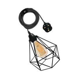 LEDSone Vintage Industrial Diamond Shape Metal Cage Pendant lamp Light for Kitchen Area, Dining Room, 4 Meters of Fabric Cable with Dimmer Switch, 3 Pin Plug in Lamp E27 Fitting (Black)