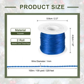 PATIKIL 656 Feet / 218 Yard Metallic Cord Tinsel Ornament String, 1mm Tag Cord Non Stretch Twine Thread for Gift Wrapping Craft Jewelry Making, Dark Blue 2 Spool