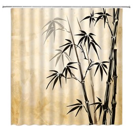 MSAYNFG Vintage Bamboo Shower Curtain Retro Asian Painting Plants Botanical Traditional Style Watercolor Nature Fabric Bathroom Decor Set with Hooks(70" Wx70 H)
