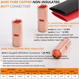 SVAAR 6 Gauge Wire Butt Connectors 24PCS 6 AWG Non Insulated Butt Splice Connectors Crimp Butt Splices Kit Bare Pure Copper Seamless Barrel Butt Splice Terminals & 24PCS 3:1 Heat Shrink Tube
