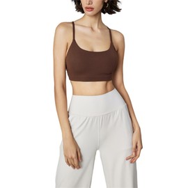 AMRIY Women's Light Support Sports Bra Scoop Neck Thin Straps Criss Cross Back Removable Pads Yoga Workout Bra Brown,8