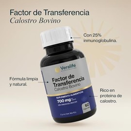 Veralife-Factor de Transferencia - A Base de Calostro Bovino y 25% Inmunoglobulinas | 60 Cápsulas de 700mg | Calidad Premium