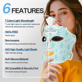 Facego Red Light Mask for Face, 7 Color Face Mask Wireless Device, Blue and Red Light Facial Mask at Home, Soft Silicone, Lightweight and Foldable