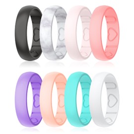 Silicone Ring Women - Heart [I Love U] Pattern Airflow Flow Grooves Breathable Rubber Wedding Bands for Women - 8 Rings / 4 Rings
