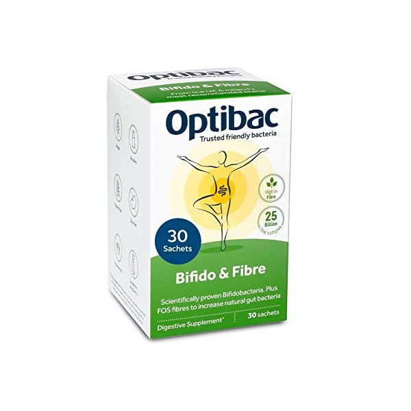 Optibac Probiotics Bifido & Fibre - Vegan Digestive Probiotic Supplement with FOS Fibre to Maintain Regularity & 25 Billion Bacterial Cultures - 30 Sachets