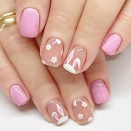Easter Bunny Press on Nails - 24PCS Glossy Pink Fake Nails Short Square with Bunny & Flower Designs for Women Bunny Ear Stick on Nails Kits Reusable Spring Artificial Nail Art for Egg Hunt Party
