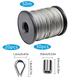 Cozlly 304 Stainless Steel Wire Rope Tension Wire 50 m x 1.5 mm with 30 Aluminium Clamp Crimp Sleeves Wire Rope Clips + 20 Pieces M2 Thimble for Climbing Plants, Clothesline, Lights, Picture Hanging