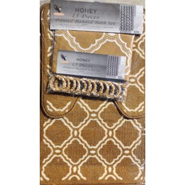 Comfy Deal 15 Pieces Honeycomb Design Shower Curtain with Matching Fabric Hook, Printed Banded Bath Mat and Contour Rug Set (Taupe)