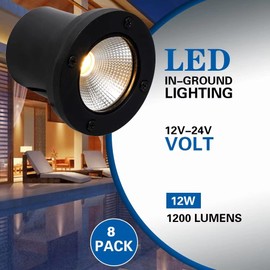 ELEGLO 12W LED Well Light Outdoor,Low Voltage Landscape Lights with Connectors, 12V-24V AC/DC Black In-Ground Lights IP67 Waterproof Paver Lights for Garden Yard,Path,Fence (8Pack 12W)