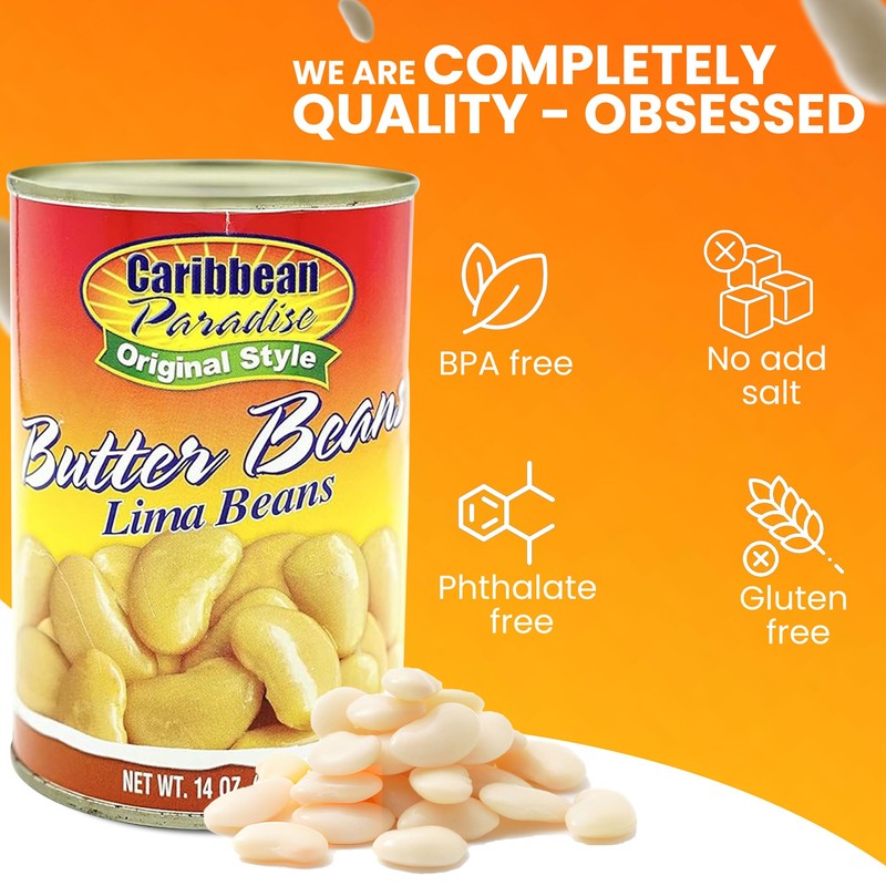 Caribbean Paradise Butter Beans, Canned Lima Beans 14 Oz (Pack