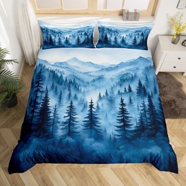 Erosebridal Boys Blue Forest Comforter Cover Twin,Rustic Woodland Pine Tree Bedding Set,Jungle Smoky Mountain Duvet Cover for Kids Adults Men Retro Natural Landscape Quilt Cover Zipper 2 Pcs