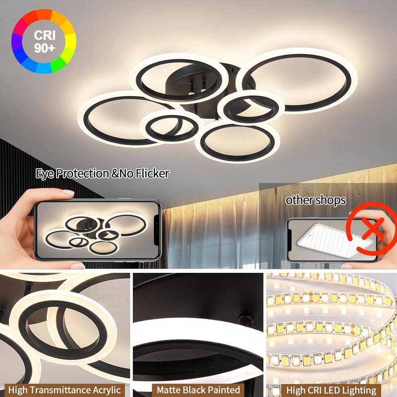 Shine LUEST 6 Rings Black Modern LED Ceiling Light Fixture,