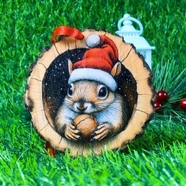 Squirrel Christmas Ornament - Natural Wood Slice Tree Ornament for Squirrel Lovers - Squirrel with Nut Ornament for Wild Animal Lovers - Squirrel Gifts for Women - Squirrel Gift Christmas Decor