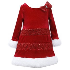 Bonnie Baby Baby-Girls Infant 12M-24M Tier Sequin Glitter Velvet Santa Dress, Red, 24 Months