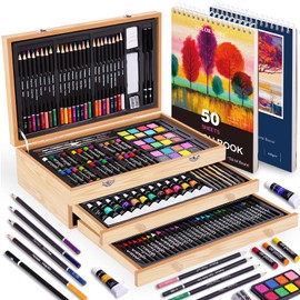 175 Piece Deluxe Art Set with 2 Drawing Pads, Acrylic Paints,Crayons,Colored Pencils,Paint Set in Wooden Case,Professional Art Kit,Art Supplies for Adults,Teens and Artist,Paint Supplies