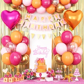 Pink Orange Party Decorations,Birthday Decorations with Hot Pink Orange Gold Balloons Happy Birthday Banner Fringe Curtain for Girls Women Teens Kids party decorations Birthday Party Decor