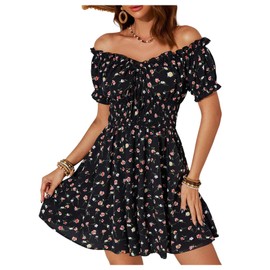 Milumia Women's Floral Off Shoulder Puff Sleeve Short Dress Boho Frill Trim A Line Mini Dresses Black Small