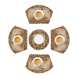 Round Table Placemats Set of 5 Dressing Table Leopard Background Wedge Placemats with Centerpiece Heat Resistant Non-Slip for Home Kitchen Dining Party Table Decoration