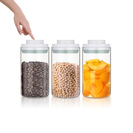 fecoqi POP-UP Lid Airtight Food Galss Storage Jars- 3 Pcs(0.8qt / 27oz)，Stackable One Button Opening Food Containers，Kitchen Pantry Organization Milk Powder Coffee Candy Cookies Nuts
