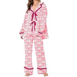 NUFIWI Christmas Bow Tie Front Pajamas for Women Cute Print Long Sleeve Shirts Pants 2 Pieces Xmas Satin Pjs Loungewear Sets (Light Pink, S)