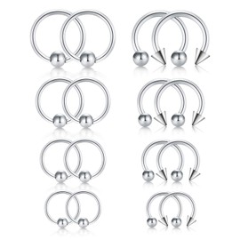 Briana Williams 6-8 Pairs Nose Piercing Ring Septum Nose Ring Stainless Steel 1.6 mm Horseshoe Clamp Ball Piercing Nose Lip Ear Jewellery, Stainless Steel
