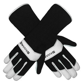 SAWANS Long Gardening Gloves Leather Ladies Men Women Durable Goatskin Garden Gloves Forearm Protection Thorn Proof Gardener Work Spandex Sleeves Rose Pruning Gift (Black, M)