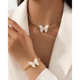 LANWLOSI Butterfly Necklace Bracelet Set for Women Trendy Butterfly Choker Necklace 14k Gold Plated Cuban Chain Necklace Bracelet Chunky Link Chain Necklace Wedding Party Prom Jewelry Accessories