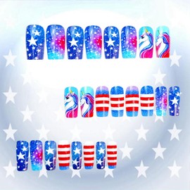 CJDLTS Independence Day Press on Nails Medium Square Stars Stripes False Nail Unicorn Pattern Design 4th July Press Ons Artificial Fingernails Full Cover Acrylic Manicure Glue on Nail for Women 24Pcs