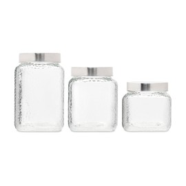 Style Setter Square Canister Set 3-Piece Glass Jars in 43, 64 and 75 ounces Chic Retro Design with Airtight Stainless Steel Lids for Cookies, Candy, Coffee, Flour, Sugar, Rice, Cereal Hammered