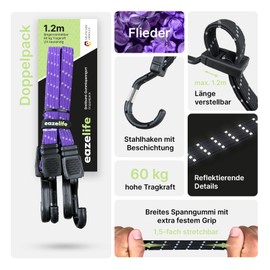 Set of 2 Rubber Tension Straps, Adjustable, Broadband Expander with Metal Hooks, Strong Resilient for Car, Bicycle and Outdoor Activities (10 Colours, 3 Lengths) (Lilac, 120 cm)