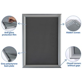 Europel Lightweight Folding Frame DIN A3, Colour Blue, Easy-Click System, Profile 25 x 11 mm, Anodised Aluminium and Anti-Glare Protective Film, Outer Dimensions 328 x 451 mm, Grey Polystyrene Back
