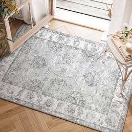 TOPICK Doormat Machine Washable Area Rug 60x90cm Grey Floral Entryway Rug Indoor Vintage Rug Chenille Print Floor Cover Thin Rug Small Rug Lightweight Non Slip Kitchen Bathroom